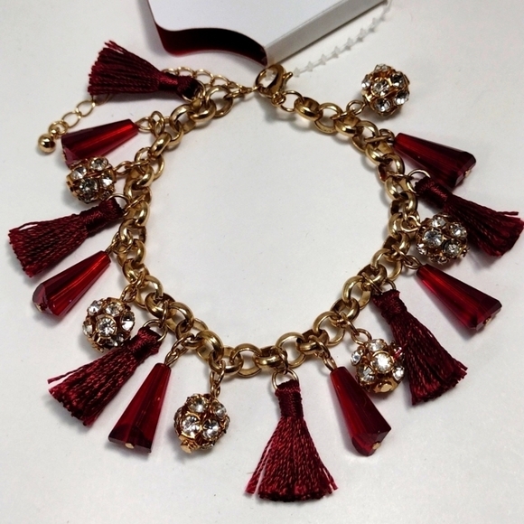 Women's Polished Gold-tone Red Beaded Tassel Bracelet w/ Sparkling Crystal Balls - Picture 5 of 8